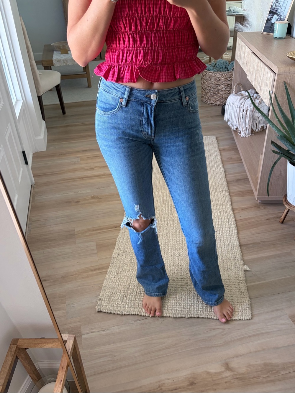 Free People Medium Blue Distressed Flare Jeans